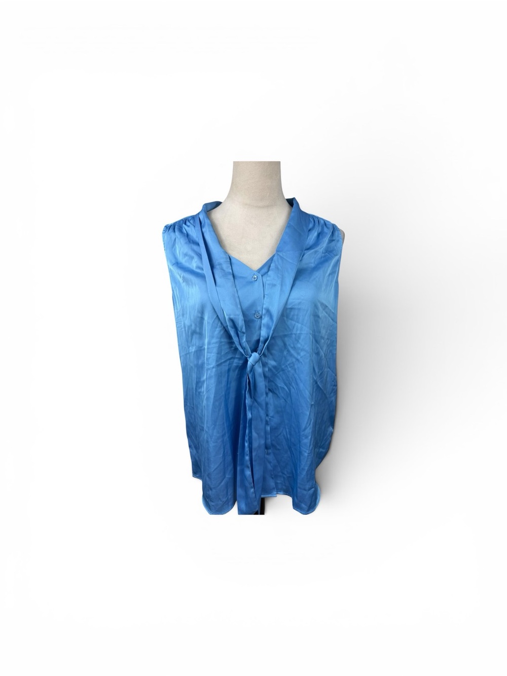 Maison d’Ameile Tie-Front Satin-Look Sleeveless Blouse — Blue size Medium